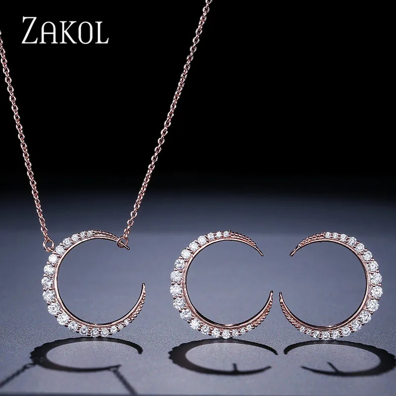ZAKOL Classic Moon Shape Jewelry Sets White Gold With Tiny CZ Paved Pendant Necklace &amp Stud Earrings For Women FSSP3002 | Украшения и