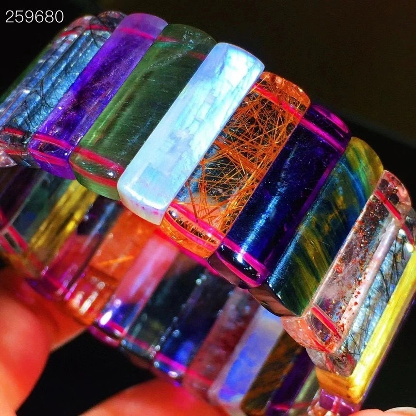 

Natural Different Mixed Stone Super 7 Seven Rutilated Lepidocrocite Quartz Pietersite Rectangle Bead Bracelet 24.4x7mm AAAAAAA