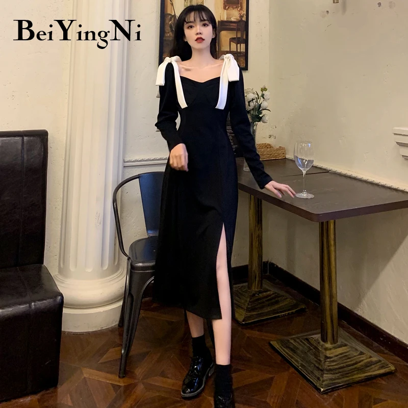 

Beiyingni Vintage Elegant Party Dress Womens Slim Sexy Black Dresses Female V-neck Bow Tie French High Street Vestido Woman 4XL