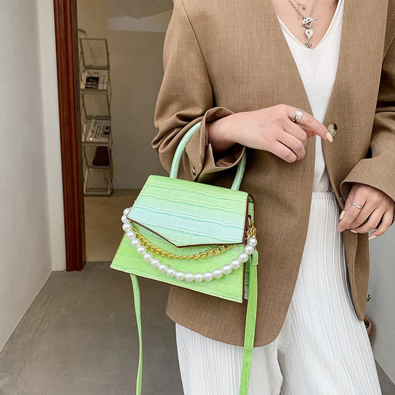 

2021 New Woman Handbag Fashion Pearl Gradient Color Crocodile Pattern Handbag Outdoor Diagonal Lady Bag