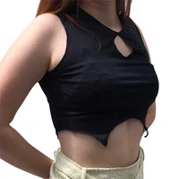 women sexy sheer navel tanks tops sleeveless crew neck hollow irregular crop tops ladies summer party bar short camisole