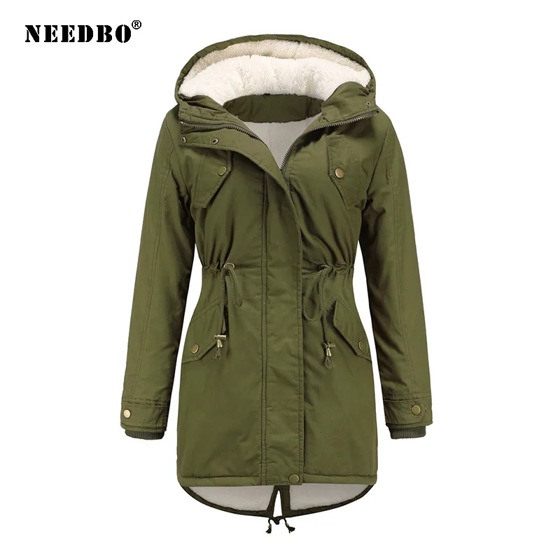 NEEDBO зимняя одежда Женское пальто одноцветное с капюшоном на завязках талии