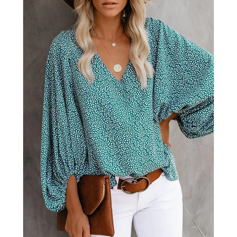 CINESSD 2021 Summer Floral Print Blouse Women V Neck Long Lantern Sleeve Sun Flower Casual Tops Office Lady Tunic Loose Blouses
