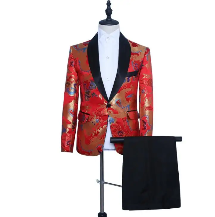 

Chinese style blazer men groom suit red jackets mens wedding suits costume singer star style dance stage cloth formal dress b262