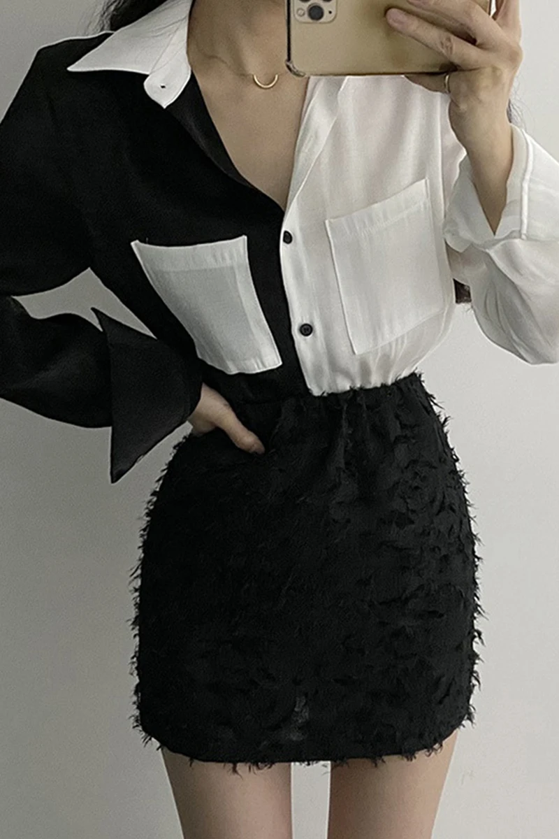 

ZCSMLL vintage lapel blouses black and white color matching loose long-sleeved women shirt 2021 spring summer