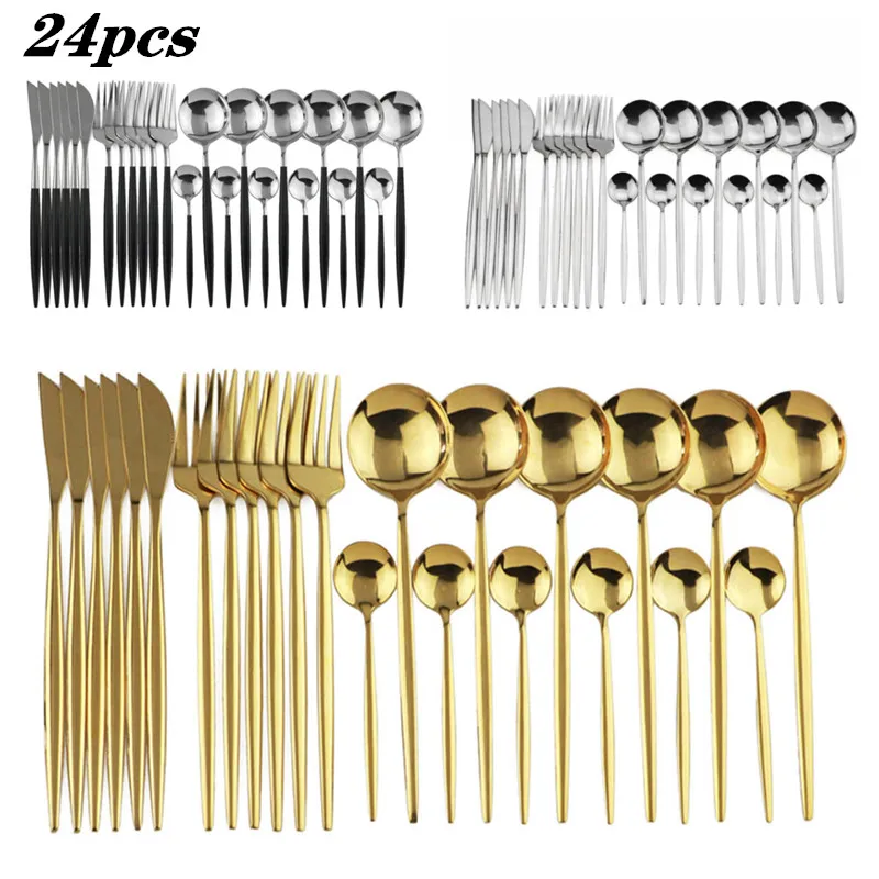 

24pcs Cutlery Set Stainless Knife Fork Spoon Flatware Tableware Set Gold Silver Black Color Dinnerware Kitchenware