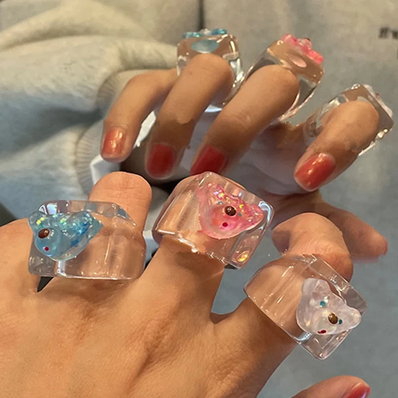 

Punki 2021 New Korea Colorful Transparent Bear Acrylic Resin Geometric Square Ring for Women Girls Travel Jewelry Gifts