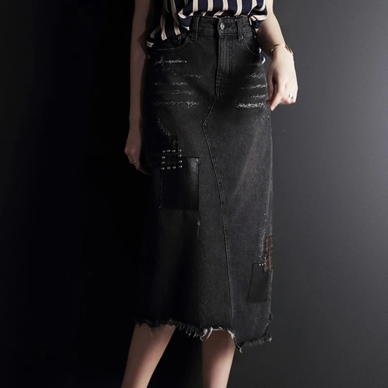 

New Women Black Mid Calf Long Skirt Office Ladies High Waist Wrap Tassels Denim Skirts Casual Jeans Autumn Jupe Femme 3XL