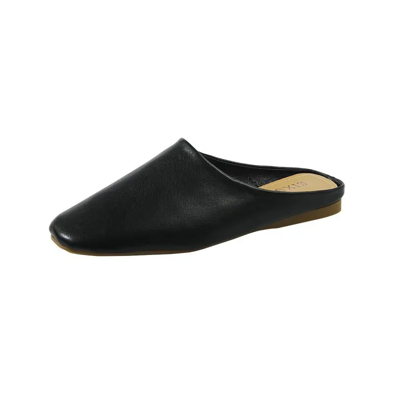 

British Style Casual Flat Sandals Half Slippers Women Piel Mules Plates Mujer Femme Pu Leather Shoes Pantuflas Slip On Calzado