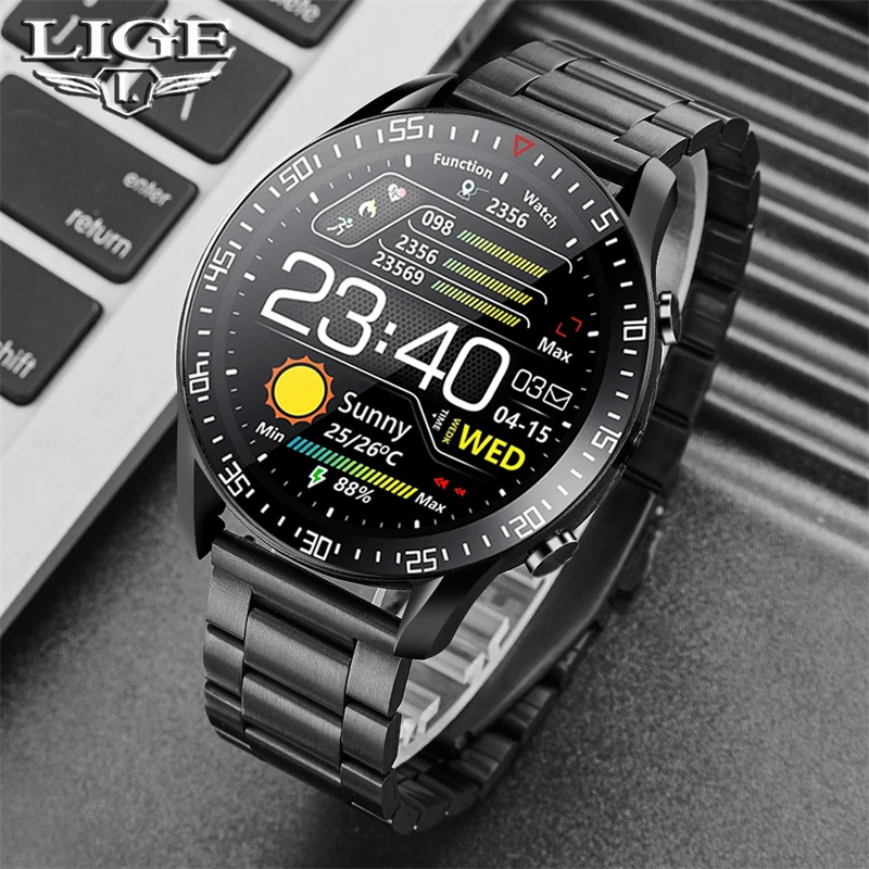 LIGE Новый смарт часы для мужчин полный сенсорный Экран Спорт Фитнес IP68