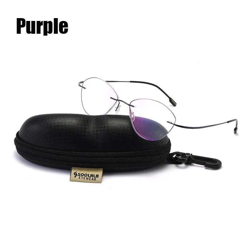 Cat Eye Purple SOOLALA Для женщин Для мужчин Титан Нержавеющая сталь очки для чтения без оправы высокого класса легкого чтения очки с Чехол+ 1,0 до 3,5 - Цвет оправы: Cat Eye Purple
