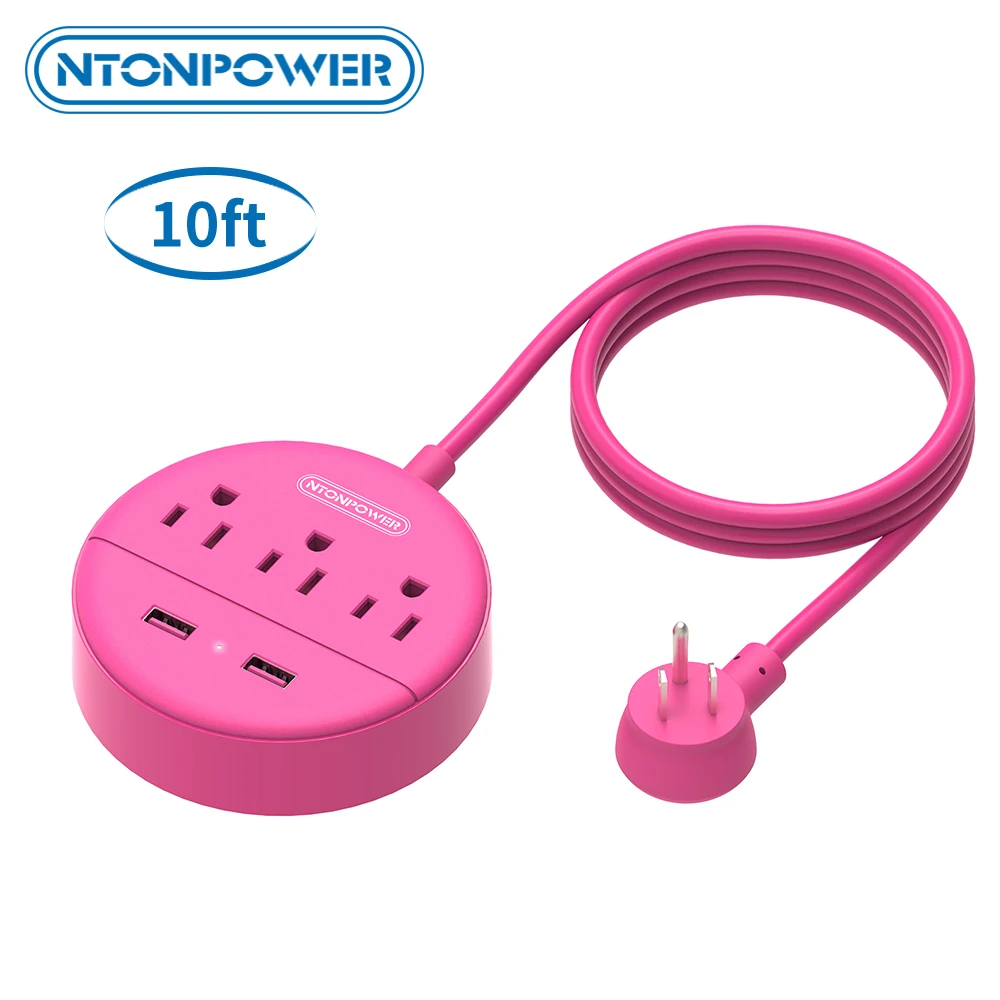 

NTONPOWER Power Strip US Flat Plug Charging Station Pink With 10ft Extension Cable For Travel Cruise Ships Business Trip Hotels