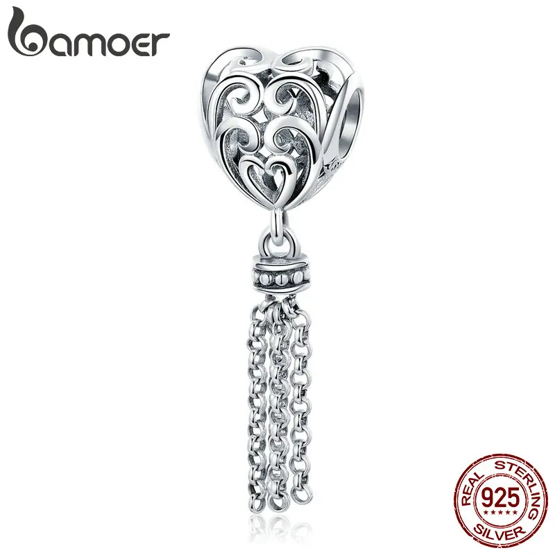 BAMOER, 925 пробы, серебряное, ажурное сердце, с длинной кисточкой, кулон, бусины, подходят для женщин, браслеты, ожерелья, сделай сам, ювелирное изделие SCC722