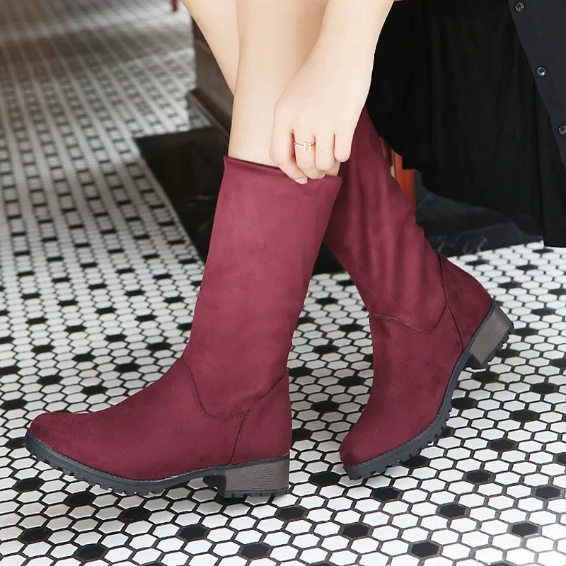 KALENMOS/осенне-зимняя обувь женские ботинки до середины икры из флока на платформе и