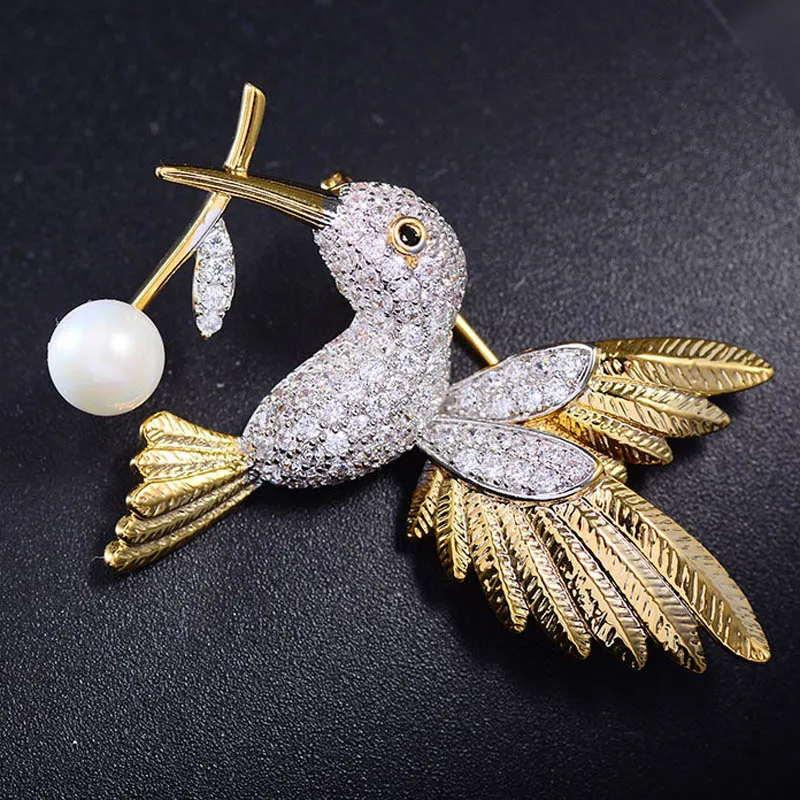 

Zlxgirl Classic men's pearl Brooch bridal jewelry cute Birds animal scarf pins Gold copper Micro Paved Popular Gifts