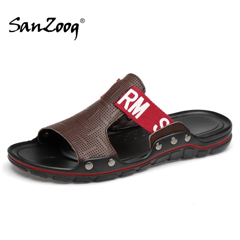 Шлепанцы мужские из натуральной кожи сланцы летняя обувь на плоской подошве