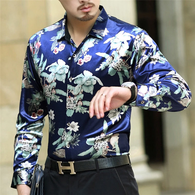 Мужская бархатная рубашка с длинным рукавом и цветочным принтом весна
