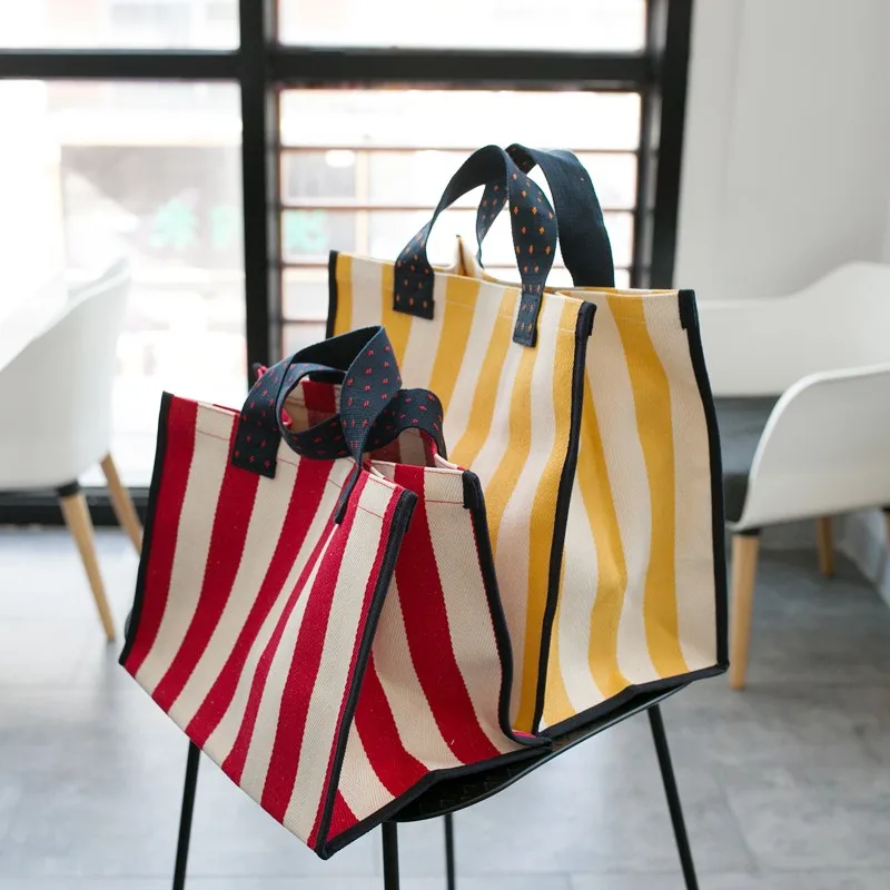 

Korean Style Striped Handbag Women Canvas Tote Large Capacity Female Shopping Bags Summer Beach Handbag Mommy Portable Handbags