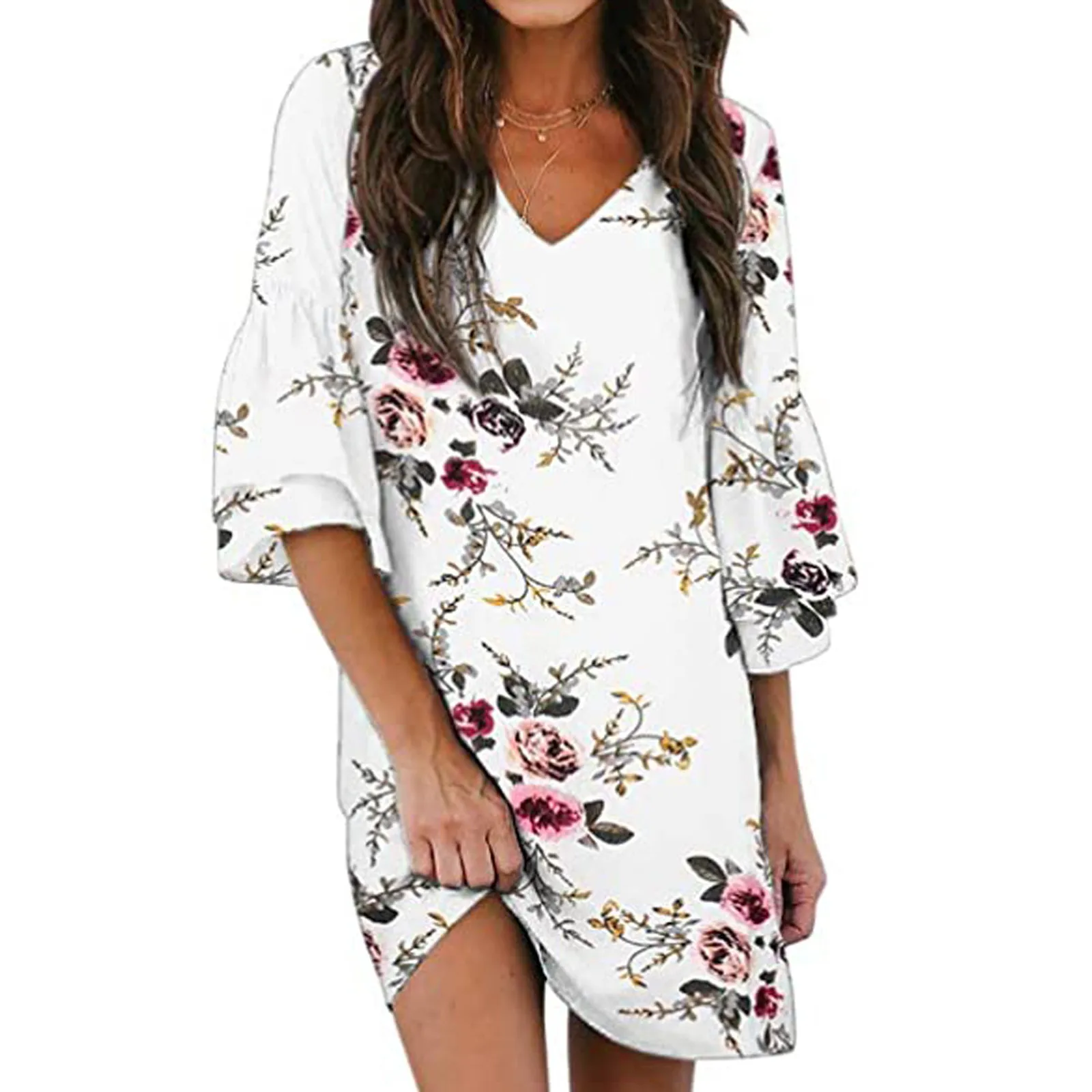 Женское свободное платье с оборками повседневное белое пляжное V образным