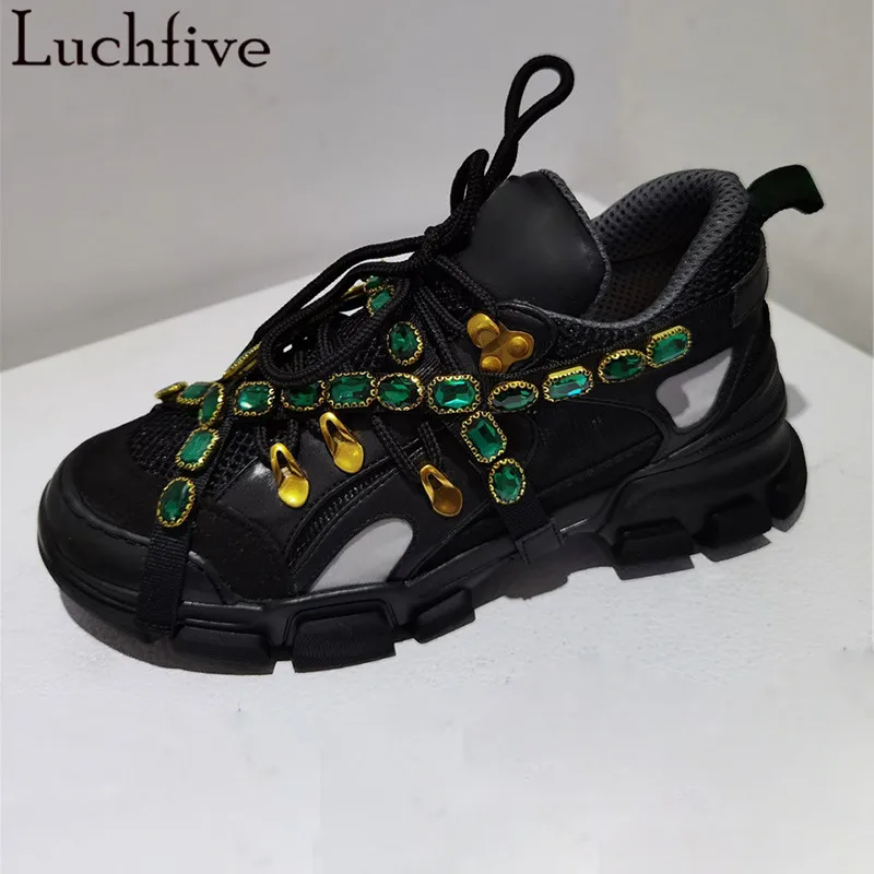 Стразы цепочки из сетчатого материала Женская повседневная обувь круглый носок