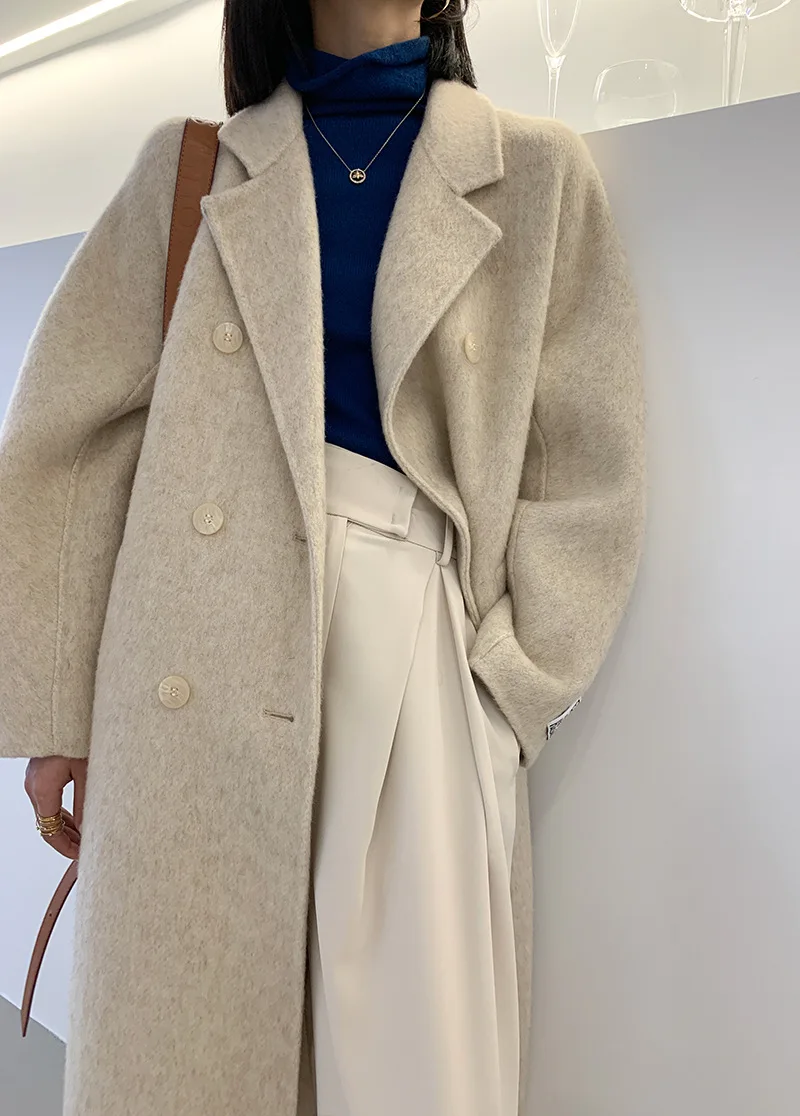 

Women Elegant Long Wool Coat With Belt Solid Color Long Sleeve Chic Outerwear Ladies Overcoat Autumn Winter 2021 Stylish Jacket