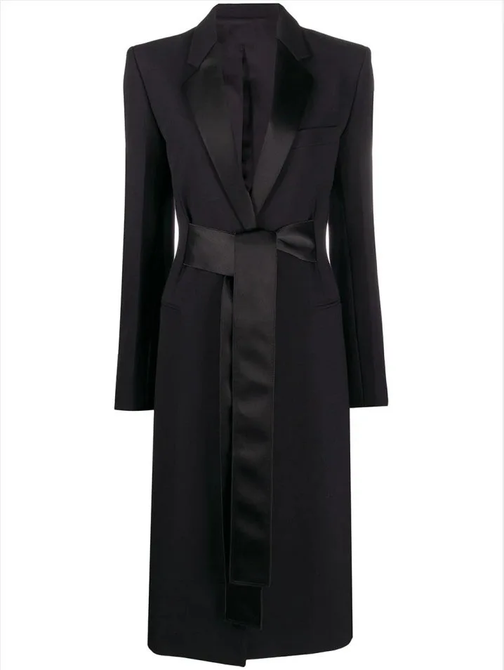 

DEAT 2021 spring and spring new Satin inlaid collar slim fit solid fashion versatile long suit women's black coat trench WO612