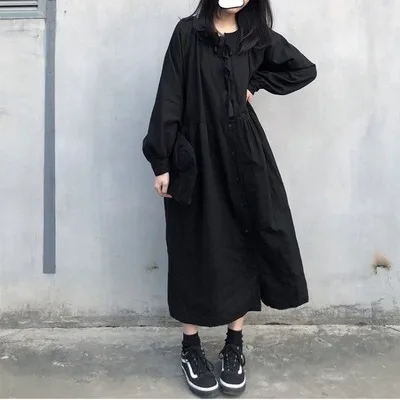 

Early Autumn new women's Retro Dark Hepburn Tie buckle loose show long-sleeved dress