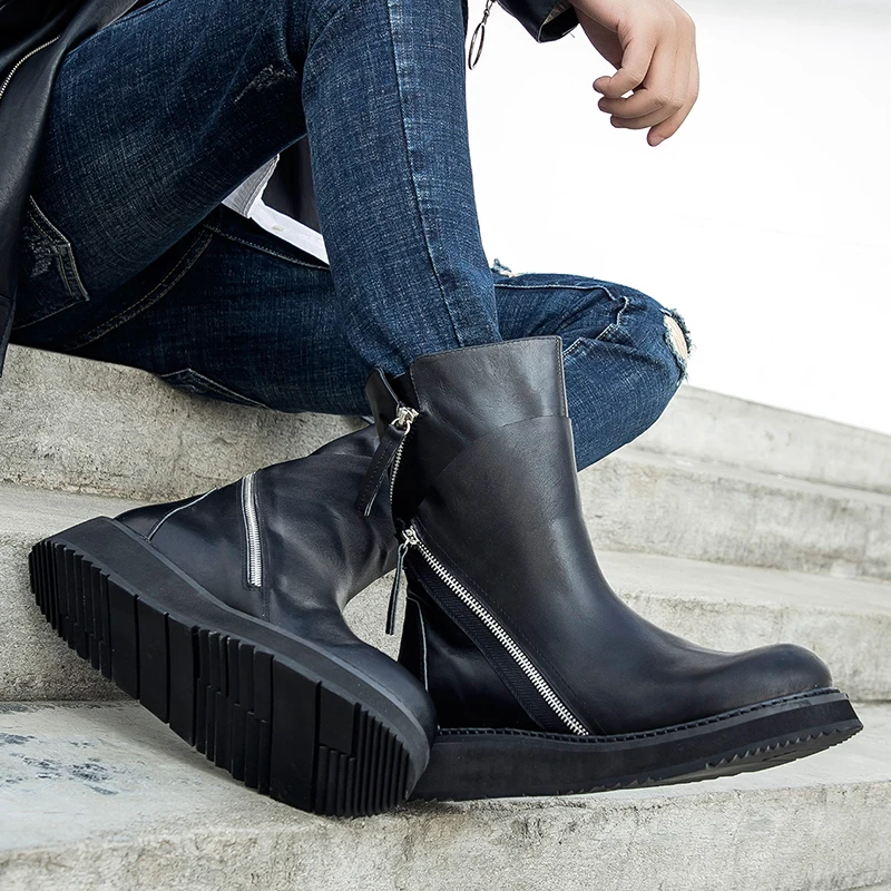 Мужские ботинки из натуральной кожи в стиле панк Черные модные мотоциклетные на