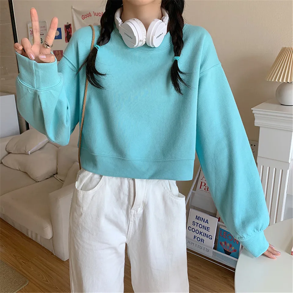 

Осенний однотонный короткий пуловер в стиле Харадзюку, свитшот, женская зимняя свободная толстовка, женские толстовки, свитшоты, модный топ...