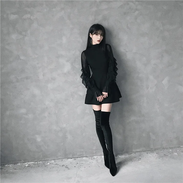 

Ruibbit New arrival women Spring Autumn Gothic Punk Mini dress High quality Long sleeve sexy Black dress Fashion dresses Female