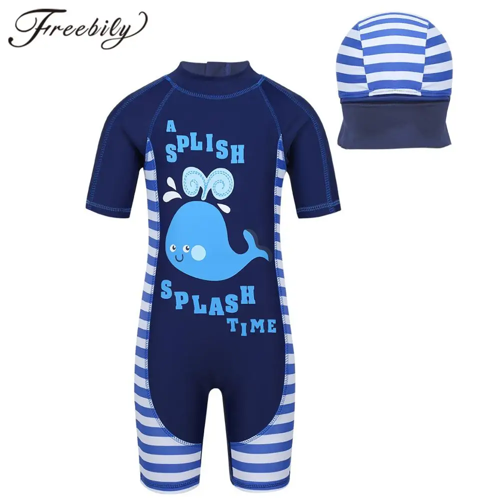 

Kids Boys One-piece Short Sleeves Shark Whale Printed Zippered Swimsuit Swimwear Child Bathing Suit Rash Guard with Swimming Cap
