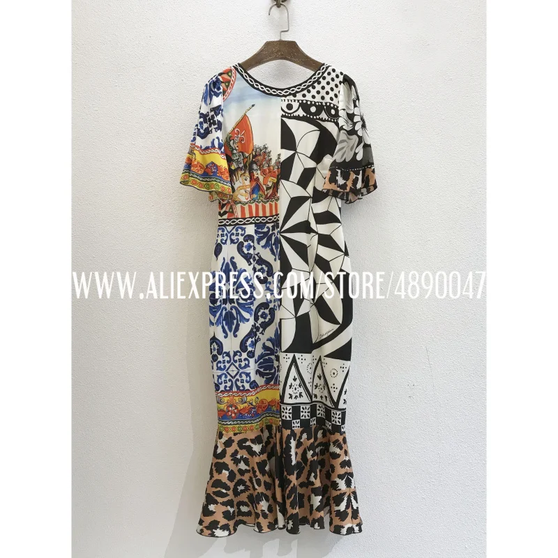 

2021 summer positioning color matching printing heavy stretch silk slim fit waist back V-neck leopard-print fishtail dress