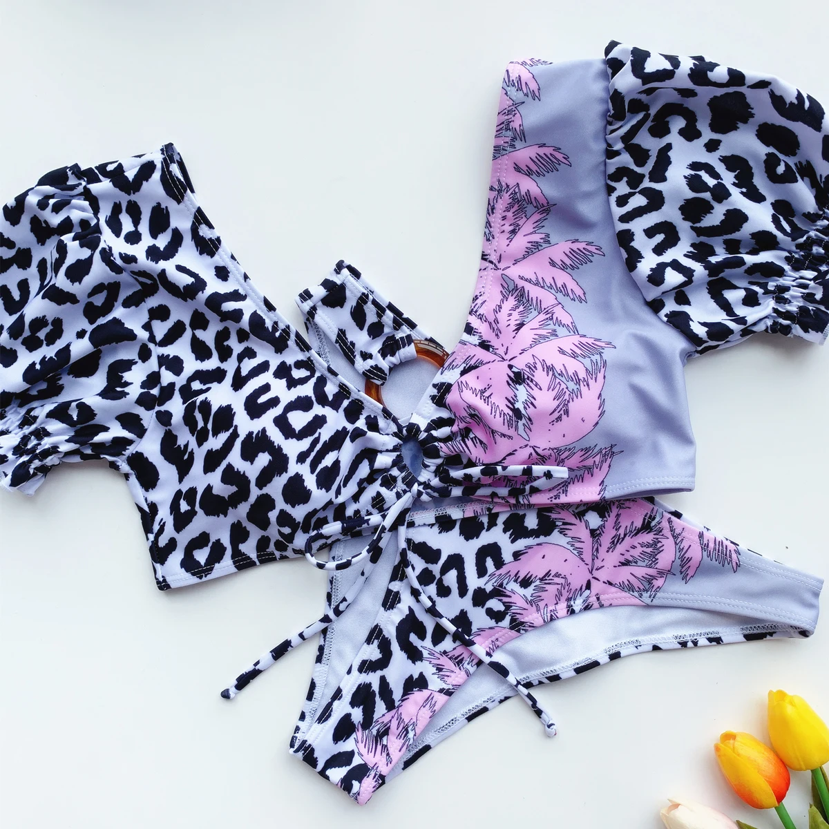 

Maillot De Bain Femme 2021 Bubble Sleeve Swisuit Leopard Print Beach Bathing Swimwear Women Fashion Two-Color Suit