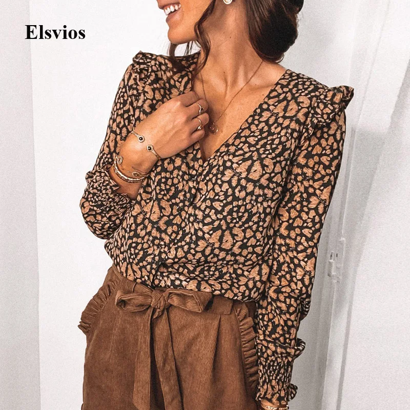 

2021 Весна с v-образным вырезом леопардовая рубашка блузка элегантные пуговицы; Офисные женские туфли блузка с длинными рукавами на осень для ...