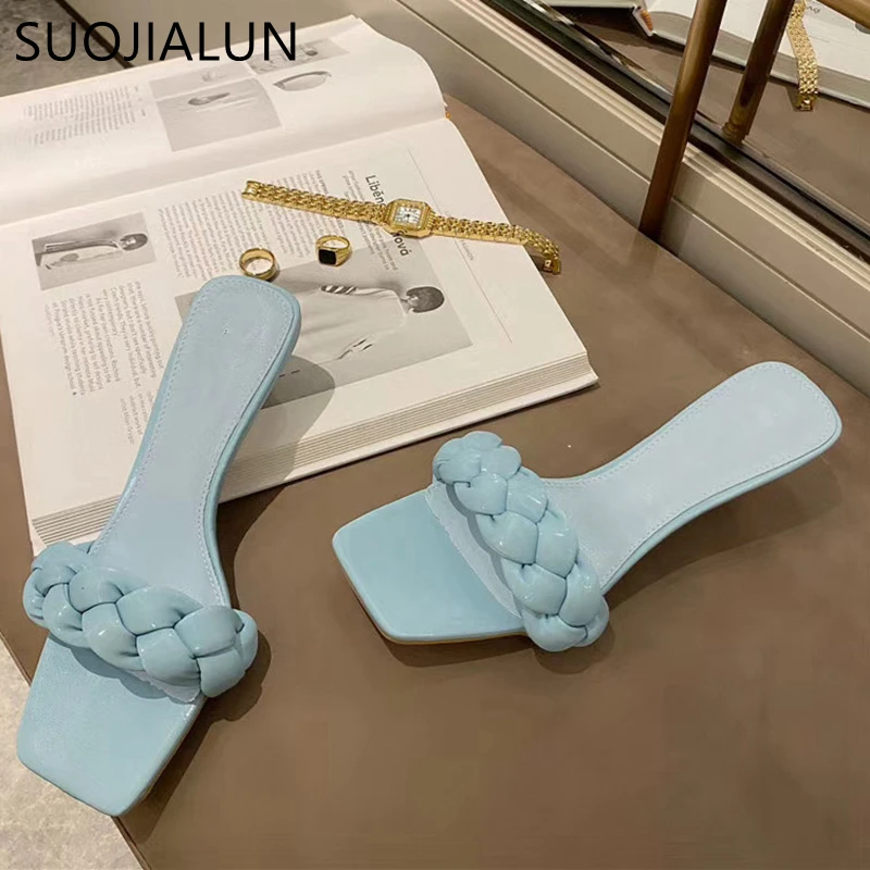 SUOJIALUN 2020 новый дизайн плетеные женские тапочки низкий тонкий каблук 3 см сандалии