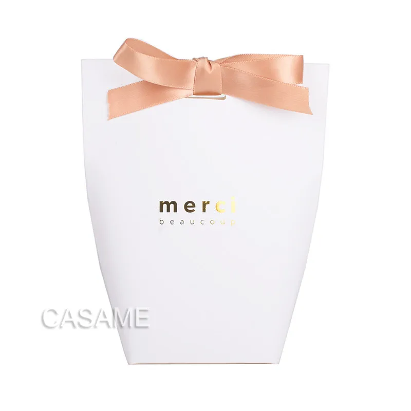 Large white Merci 6 шт. черная белая крафт-бумага, сумка бронзовая французская "Мерси", подарочная упаковка, сувенир для свадебной вечеринки, конфетные пакеты с лентой - Цвет: Large white Merci
