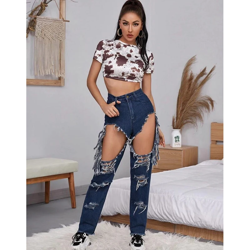 

2020 fashion new hot sale women's European American dark blue street casual big hole fringed high waist denim long pants women