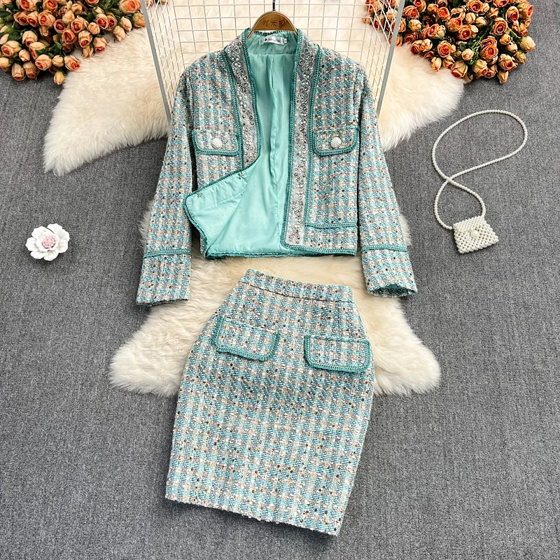 

Amolapha New Small Fragrant Fall Winter Tweed 2pcs Suits Women Single Breasted Pocket Jacket Coat + Woolen A Line Skirts Sets