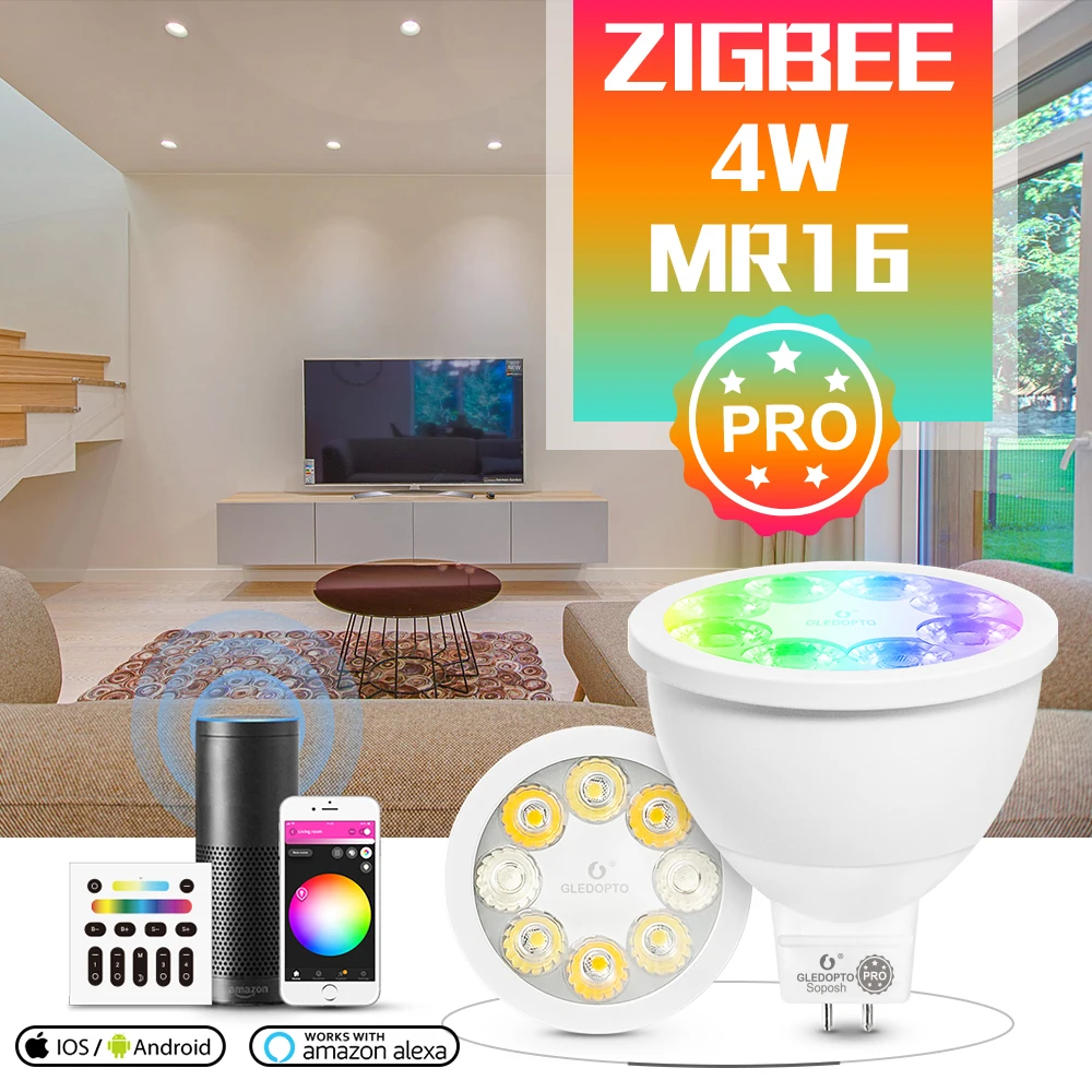 

Прожектор GLEDOPTO ZigBee 3,0 Smart RGBCCT MR16 Pro 4 Вт AC/12 в пост. Тока, лампа, угол луча 25 градусов, работа с приложением Alexa Echo Plus, голосовое управление