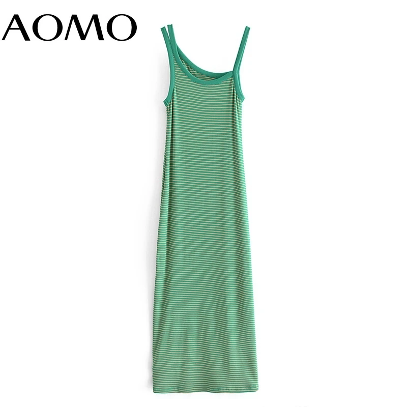 

AOMO Women Green Striped Tank Midi Dress Strap Sleeveless 2021 Korean Fashion Lady Elegant Dresses Vestido 3W109A