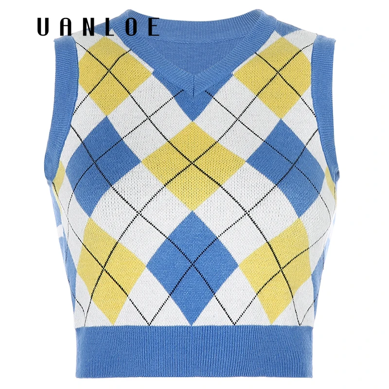 

Weekeep Colorful Argyle Plaid Knitted Sweater Vest Vintage Femme Preppy Style Fashion Sweater Tank Top Women Streetwear Knitwear