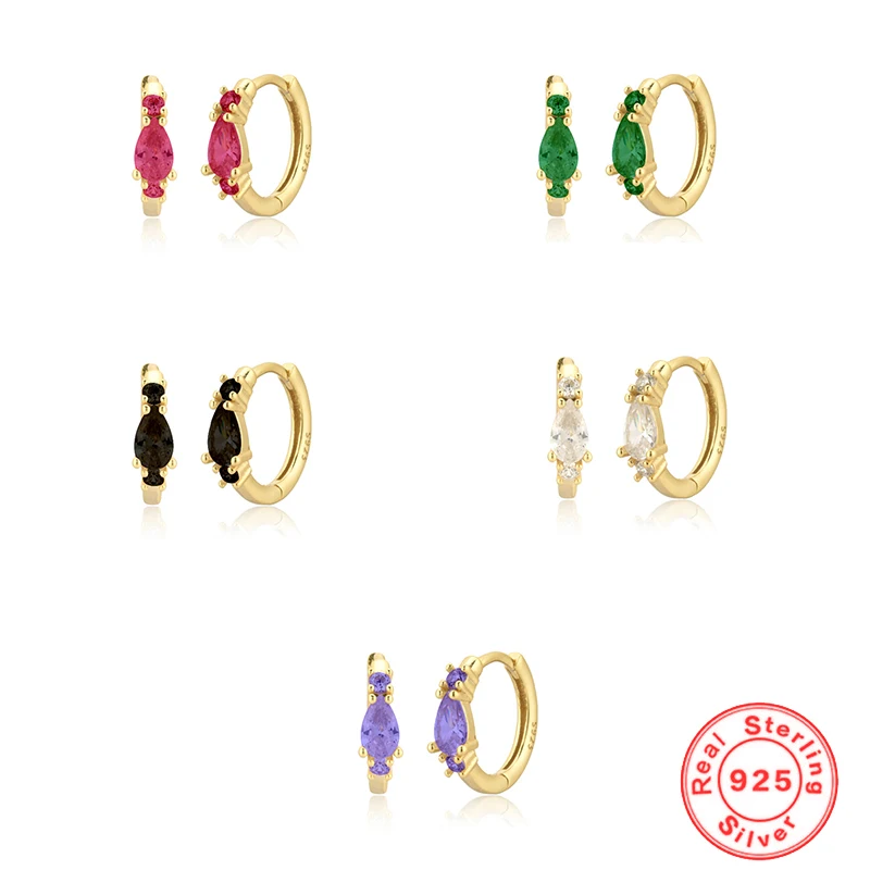 

925 Sterling Silver Water Drop Small Hoop Earrings for Women Black/ Purple /Rose Red Green Zircon Elegant Piercing Earrings