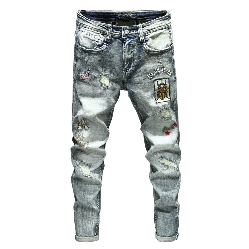 

SHAN BAO 2021 Autumn classic embroidery hole trend brand young men's fashion slim casual denim jeans