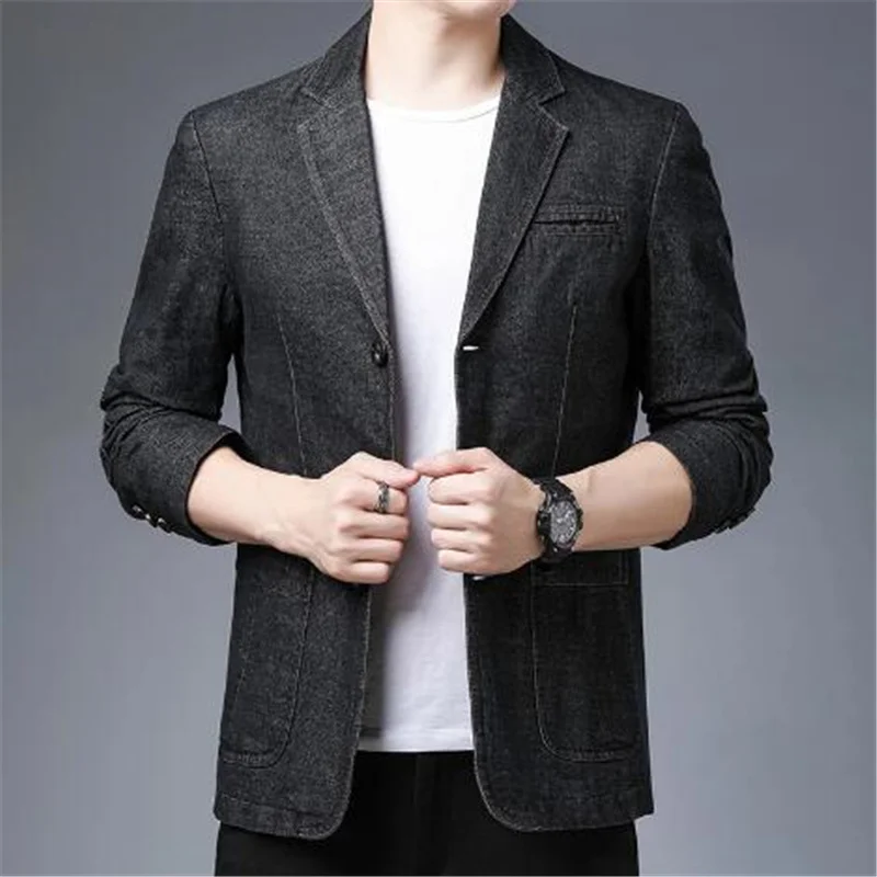 Blue Casual Washed Denim Blazer 2021 Spring Men Slim Fit Soft Mens Brazer Black Suit Jacket Classic Notched Clothing | Мужская одежда