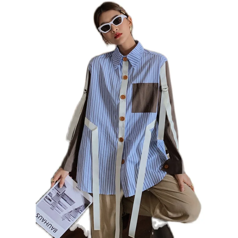 

2020 autumn new fashion preppy style blue vertical stripe single-breasted women's contrast color loose shirt V298