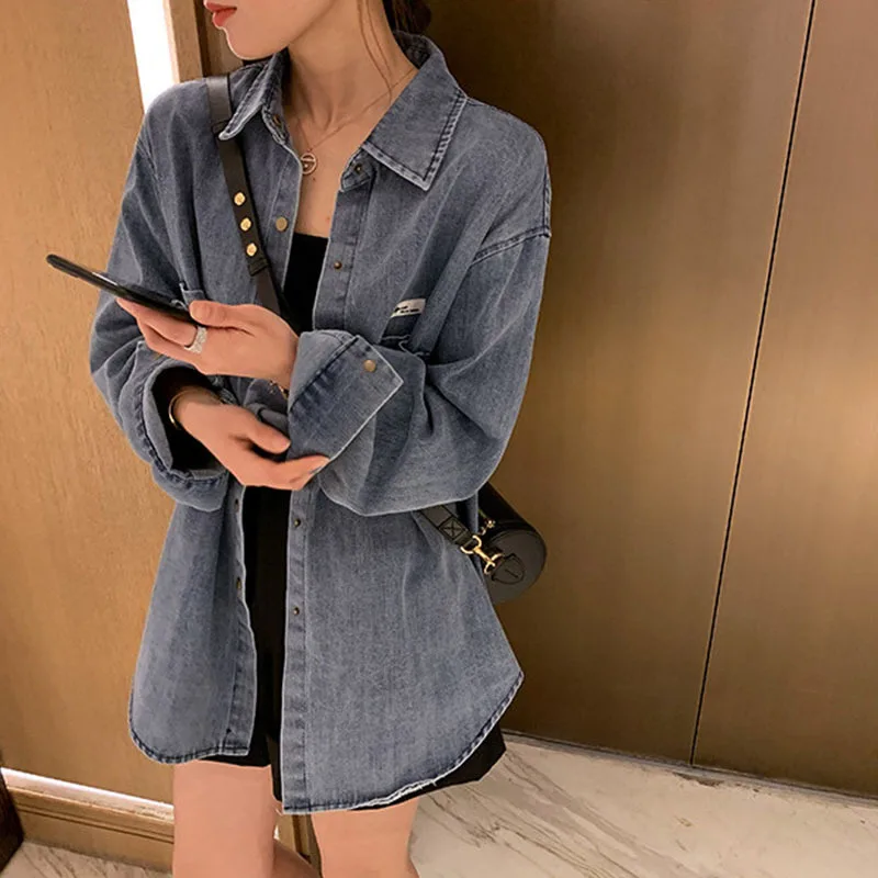 Куртка женская джинсовая однобортная с длинным рукавом винтажный жакет из