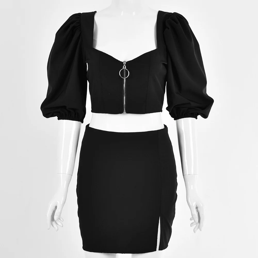 

Puff Sleeve Summer 2 Piece Set Women Skirt and Top Cropped Top V Neck Zip Up Fashion Fitted Bodycon Night Party Wear