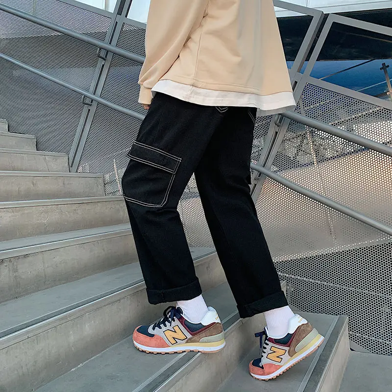 2021 spring new men's jeans Korean style loose straight three-dimensional big pocket trendy wide-leg pants