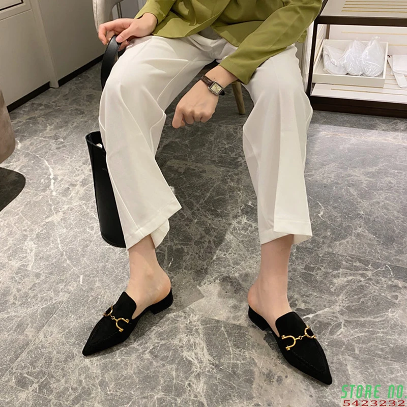 Мюли женские замшевые туфли на каблуке заостренный носок сланцы роскошные