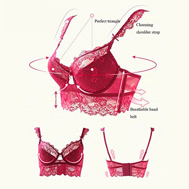 Фото Burvogue New Lace Lingerie Bra Set Women Sexy Bra Set Push Up Underwear Bralette Plus size Adjustable Bras and Panties 2pcs/Set №3